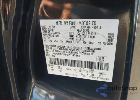 2011 Ford Escape Xlt z USA, uszkodzony, nr VIN 1FMCU9D79BKB43383